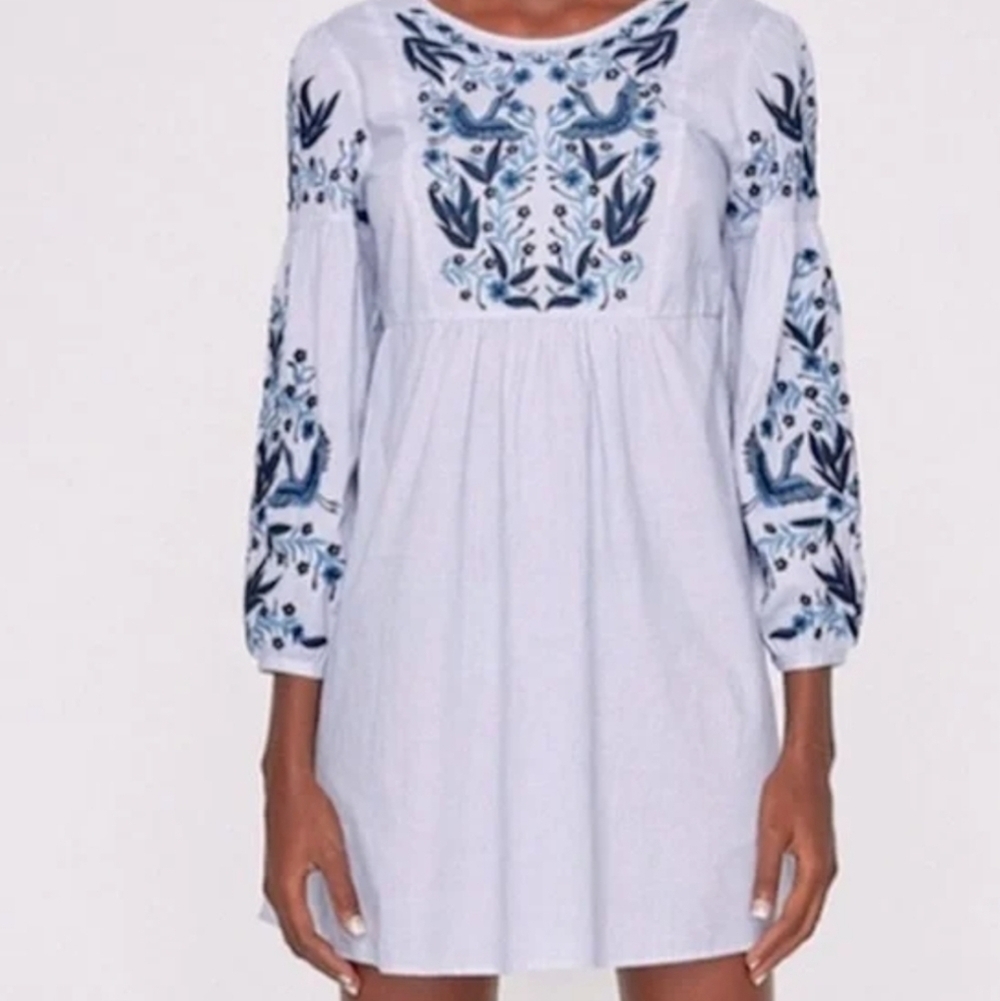 Zara Long Sleeve Embroidered Mini Dress- size S